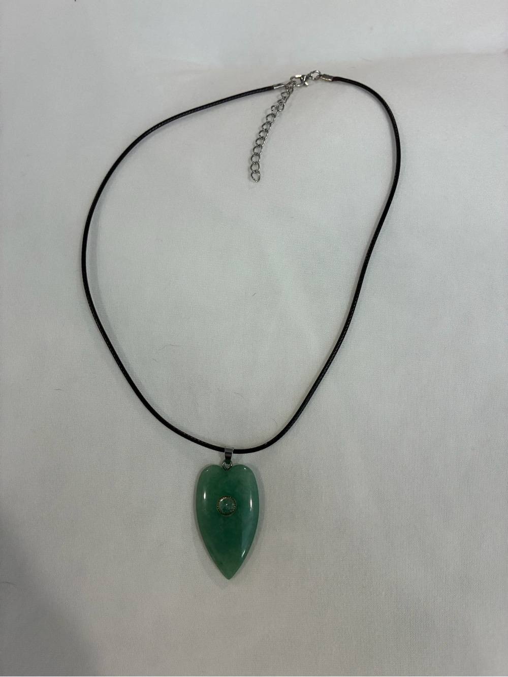 Green Natural Stone Heart Pendant Necklace with Brown Cord
